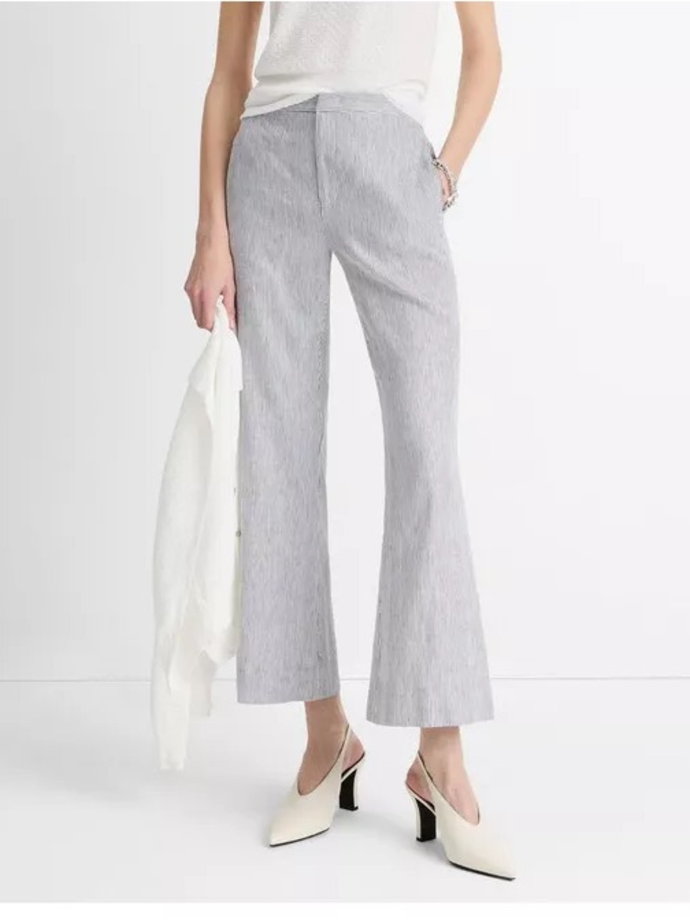 Vince Ticking Stripe Linen Cotton Crop Flare Trouser Pants Grey Women’s Size 12